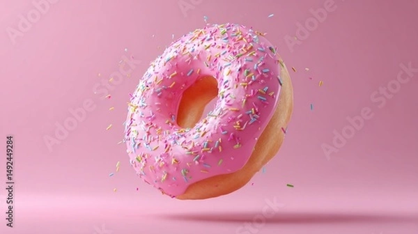 Fototapeta Colorful sprinkles adorn a pink frosted donut floating against a vibrant pink background