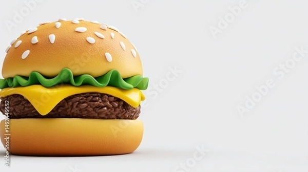 Fototapeta A vibrant, realistic hamburger with sesame seed bun, fresh lettuce, and melted cheese on a plain background