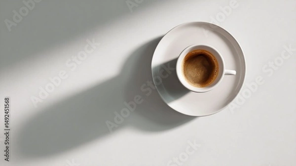 Fototapeta A close-up view of a steaming espresso cup on a white surface with soft shadows, creating a calming ambiance