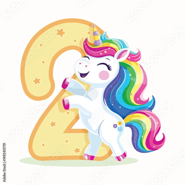 Fototapeta Birthday party invitation, template with cute and happy unicorn with multi-colored hair and number 2 on white background. Vector illustration in flat cartoon style