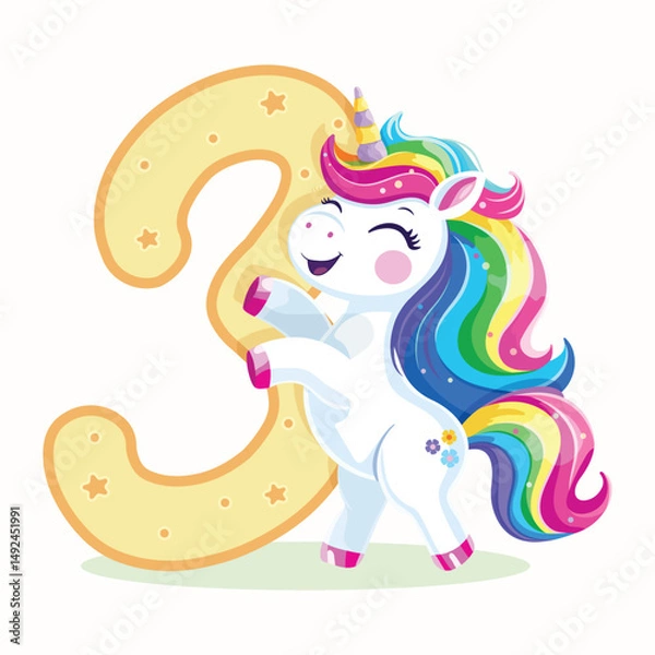 Fototapeta Birthday party invitation, template with cute and happy unicorn with multi-colored hair and number 3 on white background. Vector illustration in flat cartoon style
