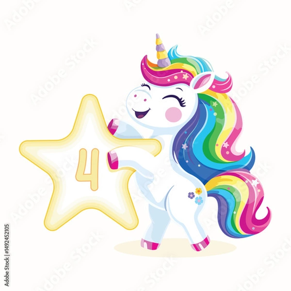 Fototapeta Birthday party invitation, template with cute and happy unicorn with multi-colored hair and number 4 on white background. Vector illustration in flat cartoon style