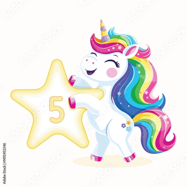 Fototapeta Birthday party invitation, template with cute and happy unicorn with multi-colored hair and number 5 on white background. Vector illustration in flat cartoon style