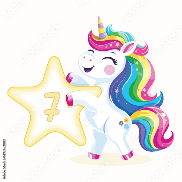 Fototapeta Birthday party invitation, template with cute and happy unicorn with multi-colored hair and number 7 on white background. Vector illustration in flat cartoon style