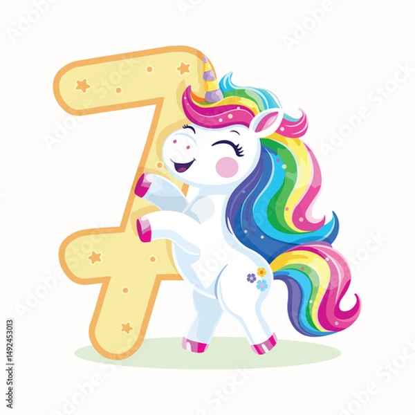 Fototapeta Birthday party invitation, template with cute and happy unicorn with multi-colored hair and number 7 on white background. Vector illustration in flat cartoon style