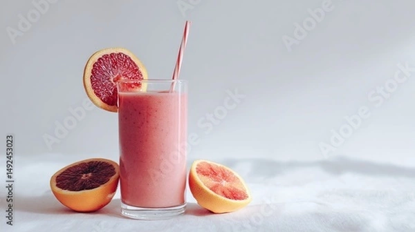 Fototapeta Refreshing pink smoothie in a glass with a straw, surrounded by citrus fruits on a light backdrop