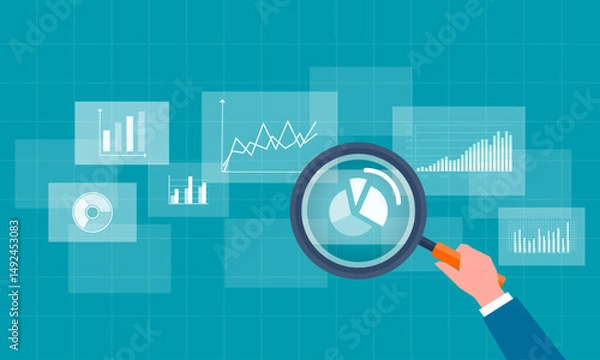 Obraz business data analytics. business research on report graphs. people hand hold magnifying glass. finance investment planning concept 
