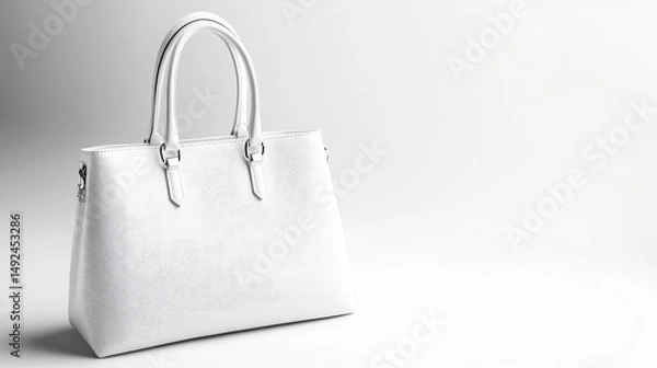 Fototapeta Clean-lined designer purse with shiny accents and compact build resting on white studio set