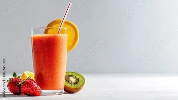 Fototapeta Refreshing smoothie in a glass with strawberries, kiwi, and orange on a clean surface