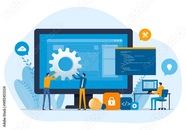 Fototapeta web design and web application design process concept. with a web designer and developer programmer team working together. flat vector illustration design concept 
