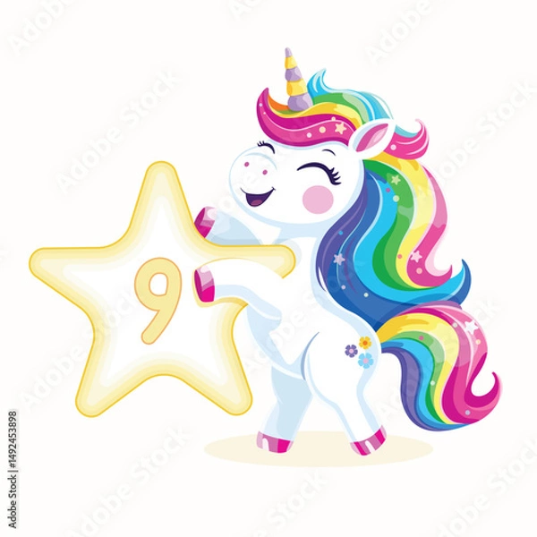 Fototapeta Birthday party invitation, template with cute and happy unicorn with multi-colored hair and number 9 on white background. Vector illustration in flat cartoon style