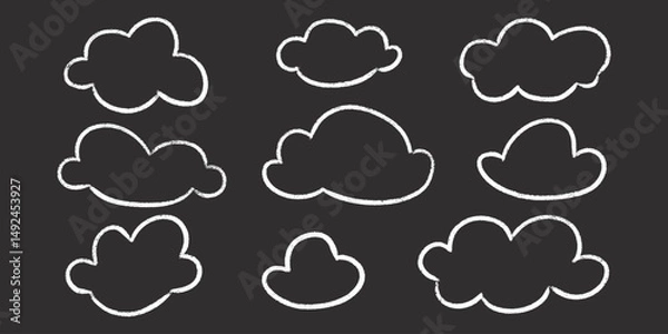 Fototapeta Kid chalk cloud doodles set - hand drawn crayon sketches isolated on blackboard. Childish scribble style, simple white outline shapes. Preschool artistic drawing, grunge design elements vector.