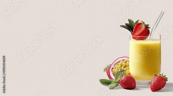 Fototapeta Refreshing tropical smoothie with strawberries and passion fruit, set against a soft neutral backdrop