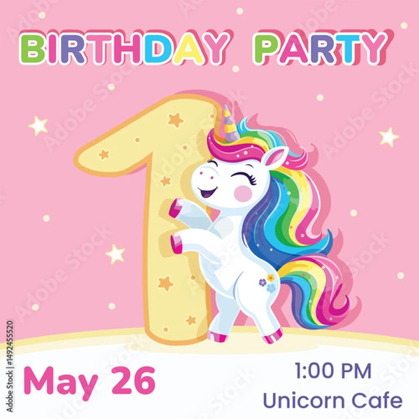 Fototapeta Birthday party invitation with number 1. Template with cute and happy unicorn with multi-colored hair and star. Poster, Banner, Flyer. Vector illustration in flat cartoon style