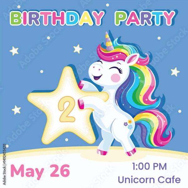 Fototapeta Birthday party invitation with number 2. Template with cute and happy unicorn with multi-colored hair and star. Poster, Banner, Flyer. Vector illustration in flat cartoon style