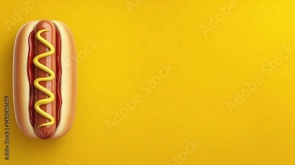 Fototapeta A vibrant hot dog with mustard on a bright yellow background, perfect for food-related themes