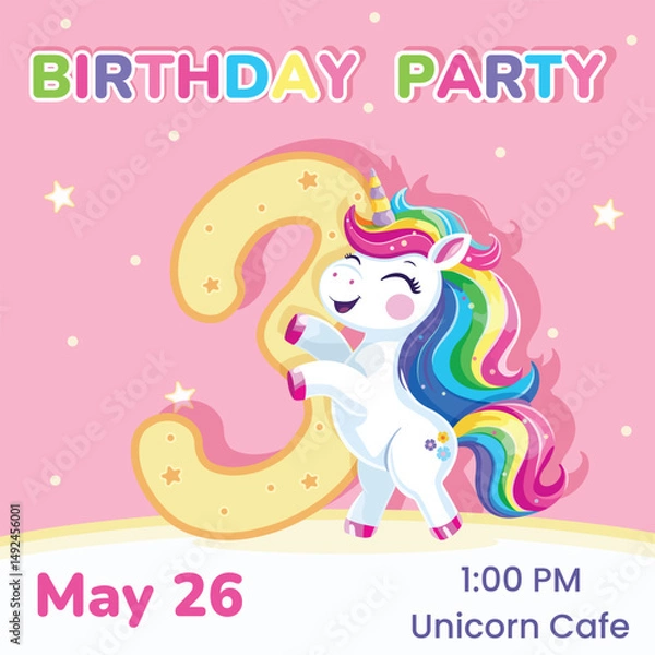 Fototapeta Birthday party invitation with number 3. Template with cute and happy unicorn with multi-colored hair and star. Poster, Banner, Flyer. Vector illustration in flat cartoon style