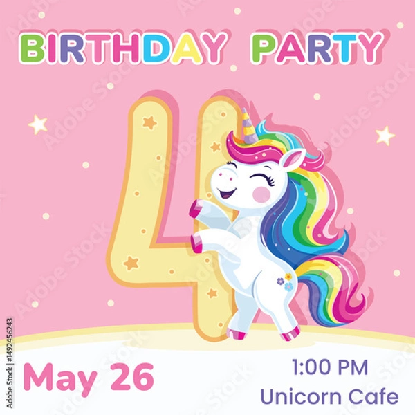 Fototapeta Birthday party invitation with number 4. Template with cute and happy unicorn with multi-colored hair and star. Poster, Banner, Flyer. Vector illustration in flat cartoon style