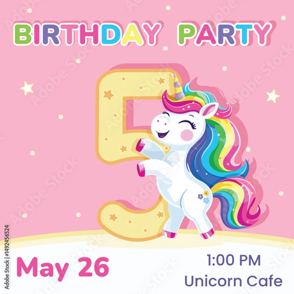 Fototapeta Birthday party invitation with number 5. Template with cute and happy unicorn with multi-colored hair and star. Poster, Banner, Flyer. Vector illustration in flat cartoon style