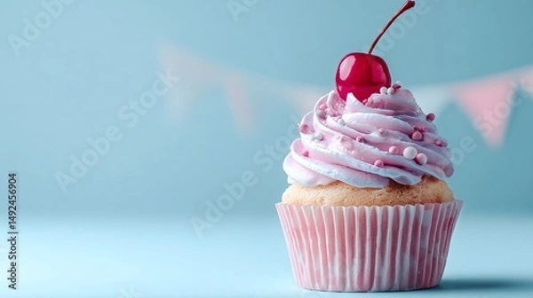 Fototapeta Delicious pink frosted cupcake with cherry on top, set against a soft blue background with festive decor