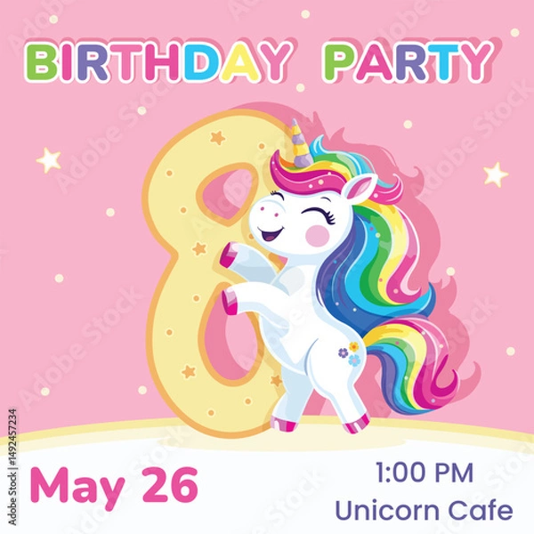 Fototapeta Birthday party invitation with number 8. Template with cute and happy unicorn with multi-colored hair and star. Poster, Banner, Flyer. Vector illustration in flat cartoon style