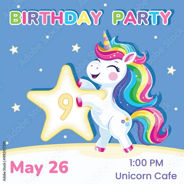 Fototapeta Birthday party invitation with number 9. Template with cute and happy unicorn with multi-colored hair and star. Poster, Banner, Flyer. Vector illustration in flat cartoon style