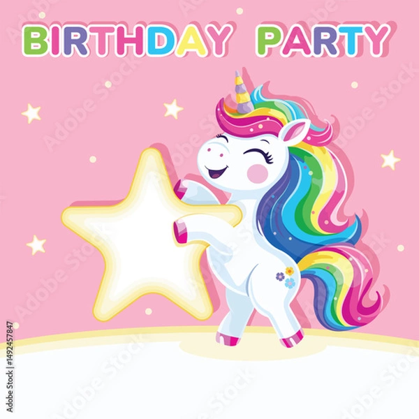 Fototapeta Birthday party invitation. Template with cute and happy unicorn with multi-colored hair and star and white background. Poster, Banner, Flyer. Vector illustration in flat cartoon style