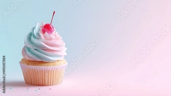 Fototapeta Colorful cupcake with swirled frosting and cherry on top, set against a pastel gradient background