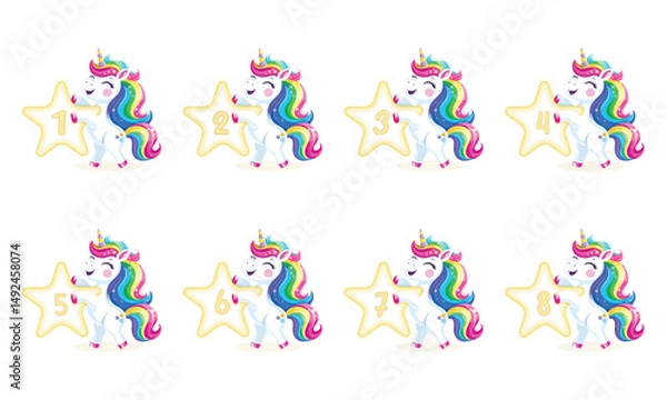 Fototapeta Set of cute and happy unicorn with multi-colored hair and star on white background. Vector illustration in flat cartoon style