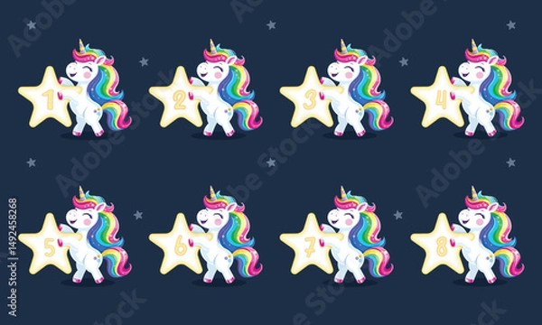 Fototapeta Set of cute and happy unicorn with multi-colored hair and star. Vector illustration in flat cartoon style