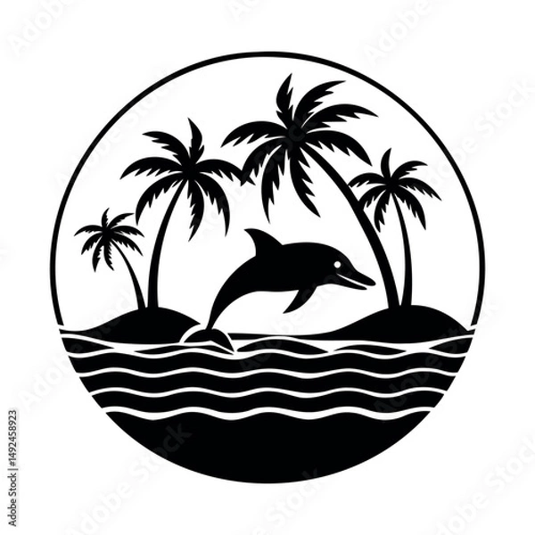 Obraz Black and White Tropical Island Silhouette with Dolphin and Palm Trees