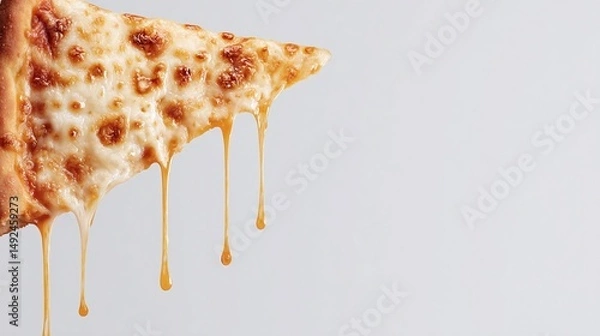 Fototapeta A delicious slice of cheesy pizza with gooey cheese dripping, set against a minimalistic background