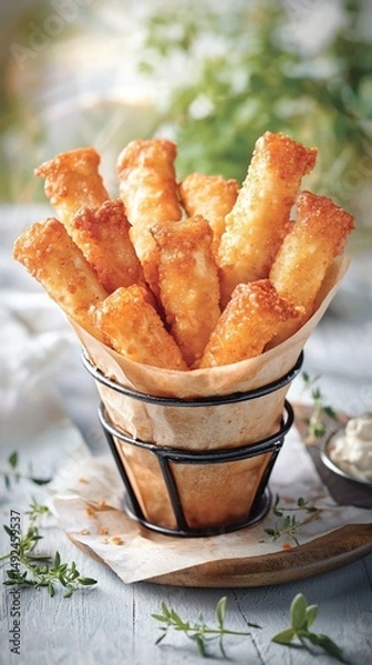Obraz Crispy, golden-brown cheese sticks in a paper cone