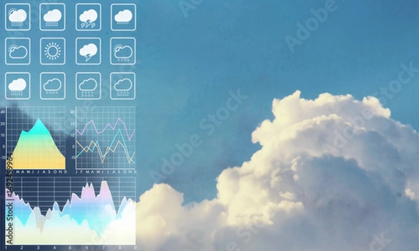 Fototapeta Aerial view of cloudscape form aircraft show cloud formation with graph and chart data diagram weather symbol for meteorology presentation background.

