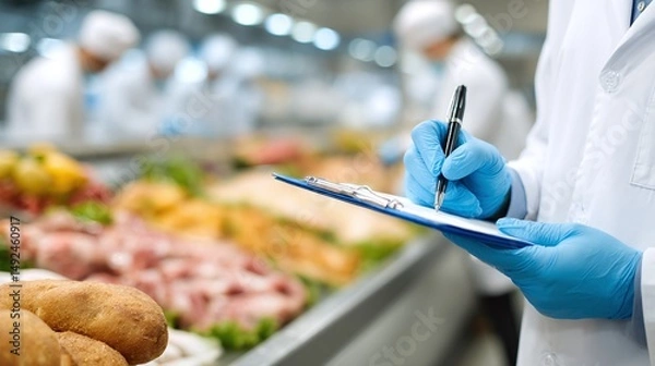 Fototapeta Quality control in a food processing facility: An inspector in protective gear meticulously records observations on a clipboard during routine inspection.