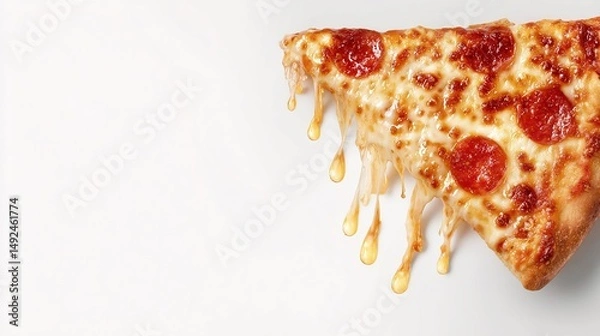 Fototapeta A delicious slice of pepperoni pizza dripping with cheese against a clean white background