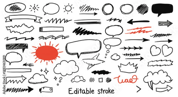 Fototapeta A collection of hand drawn doodle elements including arrows speech bubbles and other sketch illustrations