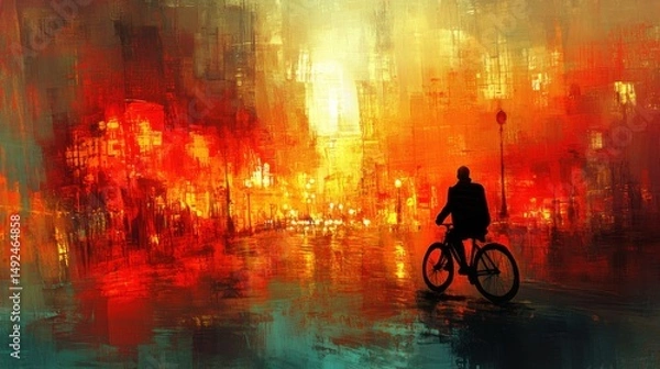 Fototapeta Cyclist Silhouette in Vibrant Night Cityscape