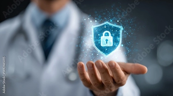 Fototapeta Medical data security represented by a doctor holding a glowing shield with a padlock. Protecting sensitive health information with technology.
