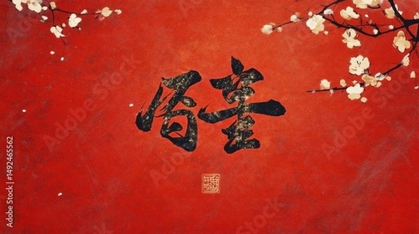 Obraz Asian calligraphy, blossoms