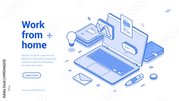 Obraz Work from home remotely office internet laptop web banner isometric vector illustration. Freelance distance working cyberspace online digital technology global brainstorming workplace