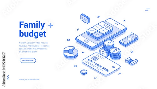 Fototapeta Family budget accounting bookkeeping calculation web banner isometric vector illustration. Financial balance planning analyzing savings expenses earnings control money management mobile app