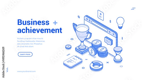Fototapeta Business achievement financial success profit wealth web banner isometric vector illustration. Work productivity and efficiency optimization prize reward teamwork loyalty triumph trophy landing page