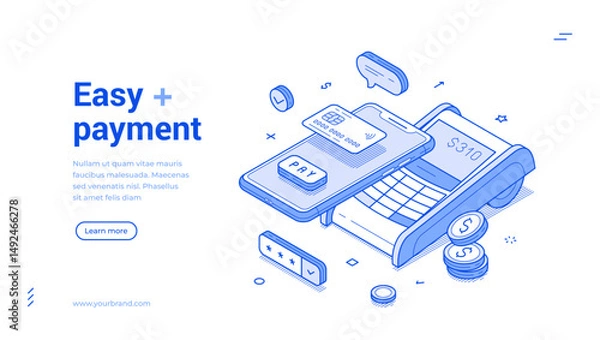 Fototapeta Easy payment online banking financial smartphone app POS terminal web banner isometric vector illustration. Digital paying finance transaction shopping commercial retail purchase buying goods