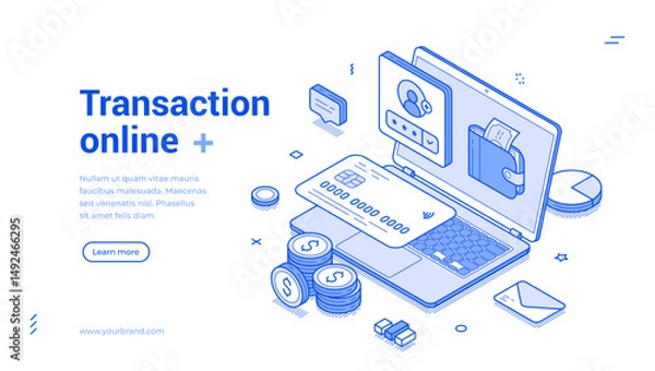 Fototapeta Banking financial transaction online shopping payment laptop web banner isometric vector illustration. Bank finance personal account currency e money transfer paying cyberspace digital technology