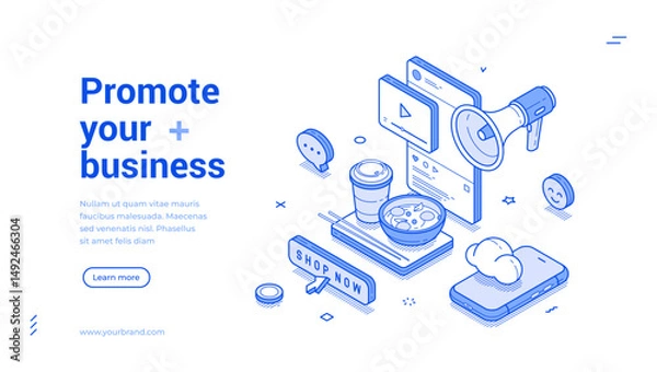 Fototapeta Promote your business online digital marketing web banner isometric vector illustration. Internet advertising technology service blog vlog social network influencer cyberspace promotion landing page