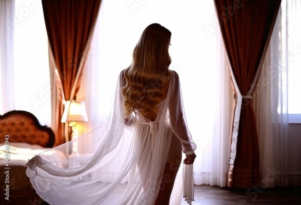 Obraz A woman stands silhouetted in a doorway, wearing a sheer white robe, with light streaming in behind her.