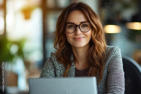Fototapeta Happy mature senior professional business woman working on laptop from home office, having virtual video call meeting, watching online training webinar e learning class using