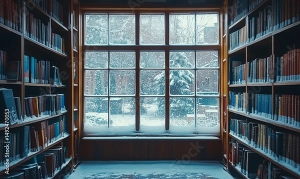 Fototapeta quiet winter library with frosted windows and shelves lined with books, Generative AI