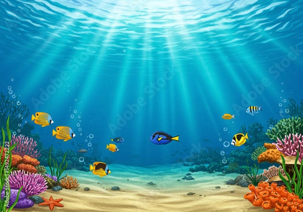 Fototapeta Underwater Scene with Colorful Fish and Coral Reef, game background